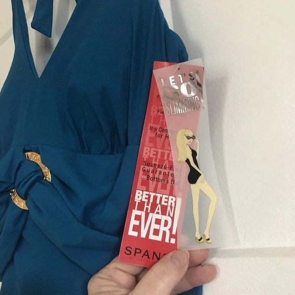 Spanx Halter Swimsuit One Piece Bayside Blue Shaping Slimming Belted Beauty - Picture 2 of 16